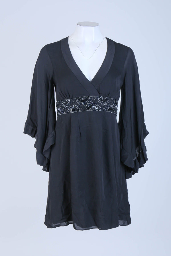 Black Bead Embellished Open Back Mini Dress