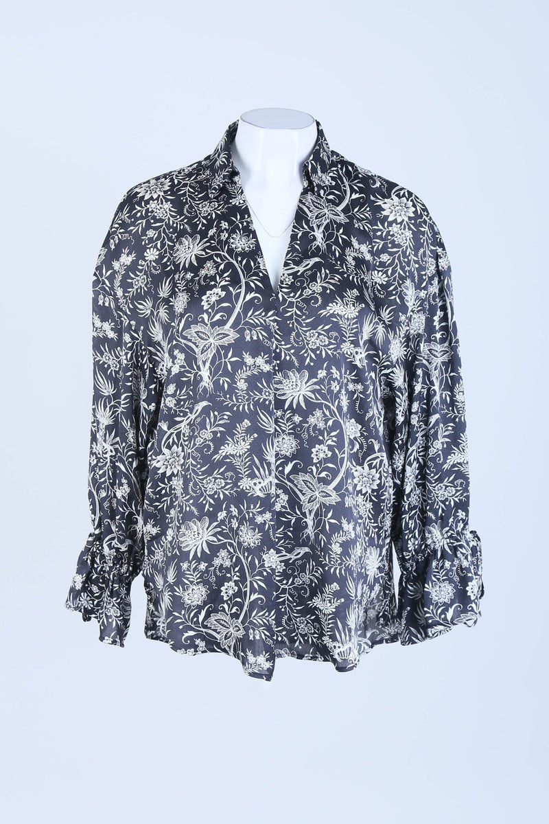 Black Floral Print Bell Sleeve Shirt